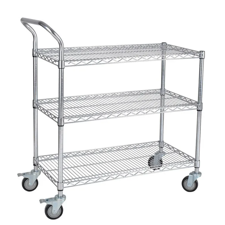 

Stainless steel double-layer chrome-plated wire mesh cart 2-layer rack with wheel 2-layer material rack E-commerce warehouse