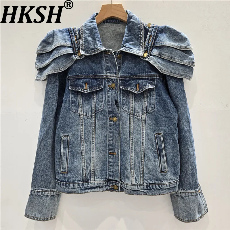

HKSH Spring Autumn New Women Denim Jacket Diatressed Vintage Detachable Shoulder Pad Versatile Retro Elegant Trend Coats HK17049