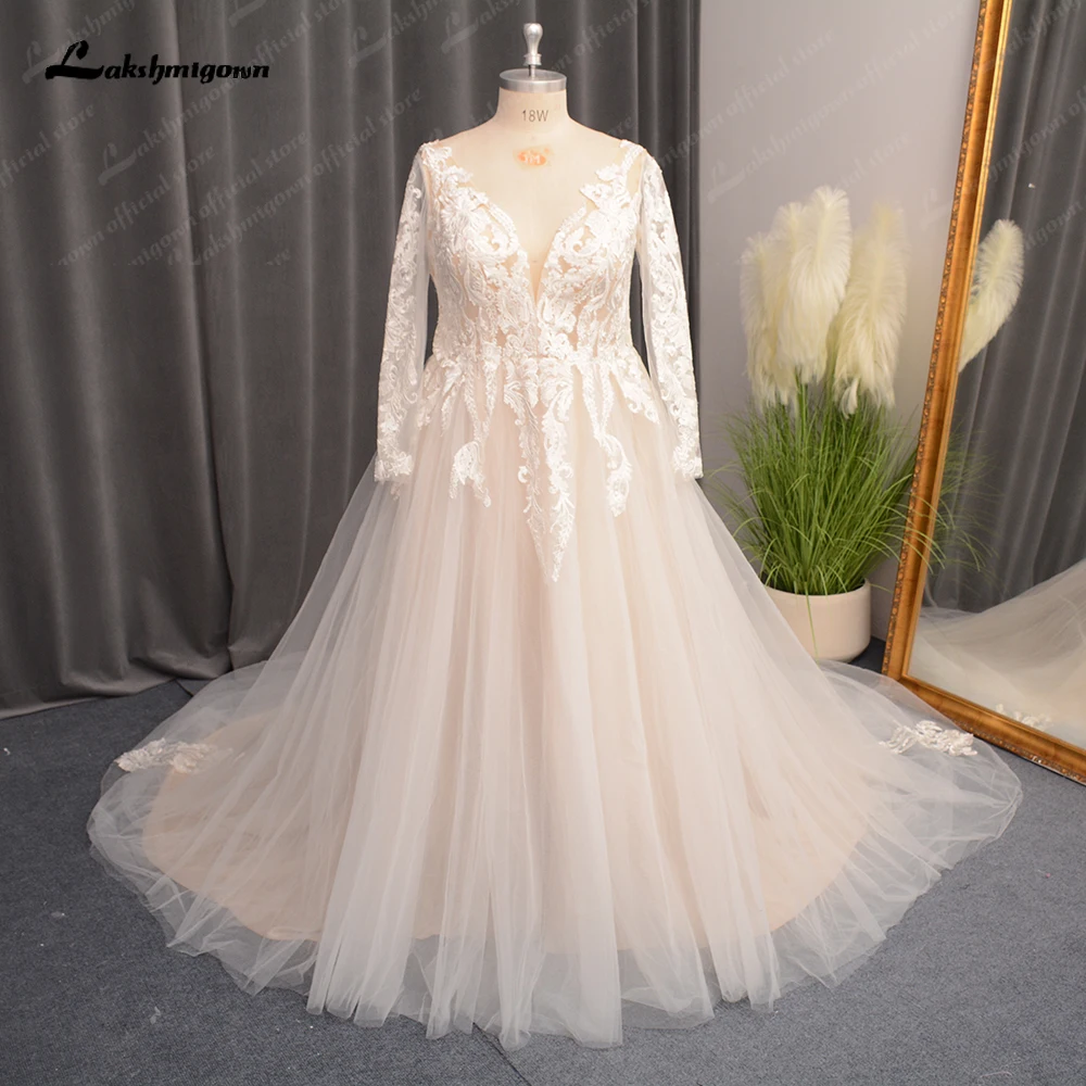 Lakshmigown Plus Size Lace Long Sleeves Wedding Dress for Women V Neckline 2024 Robe Mariage Civil Bridal Gown Brautkleid