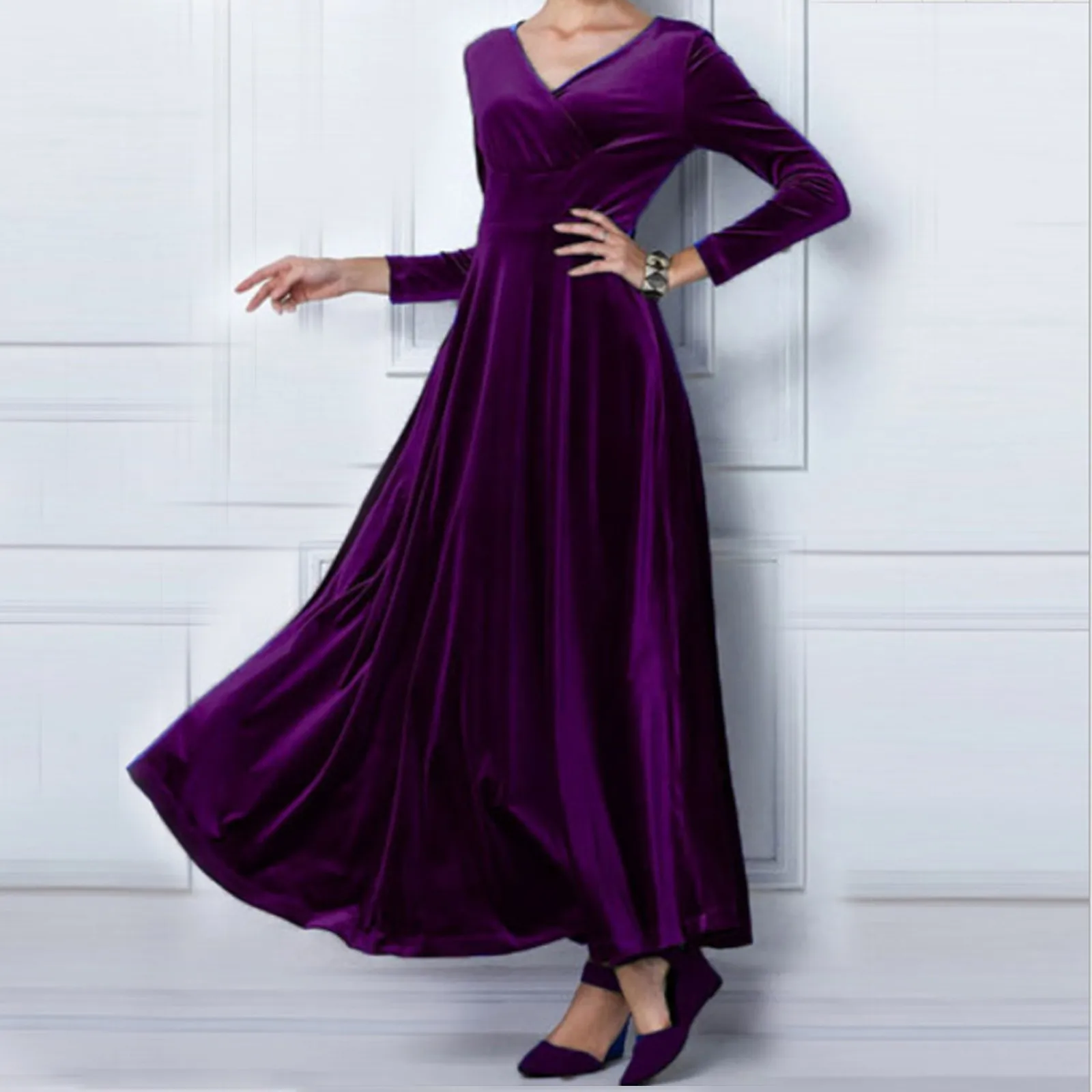 

Vintage Women Autumn Long Sleeve V Neck Pleated Velvet Banquet Party Maxi Dress Party Wedding Elegant Evening Dress