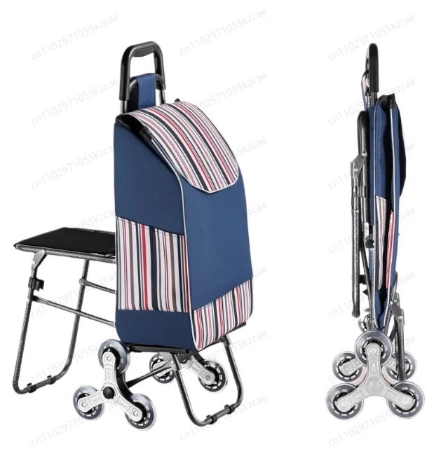 

Climb Stairs Shopping Cart with Waterproof Bag and Chair Household Trolley with Seat, Steel Frame Pull Rod Trolley Cart Wheels