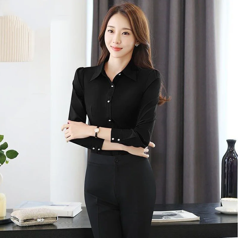 Spring Summer New Slim Solid Simplicity Office Blouse Long Sleeve Polo Neck Basic Shirt Tops Fashion Elegant Women Clothing