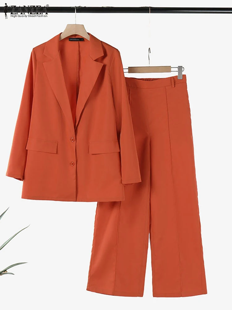 ZANZEA Women Solid 2-Piece Sets Commute Elegant Wide Leg Trouser Long Sleeve Blazer Pant Sets Office Lady 2pcs Blazer Suits