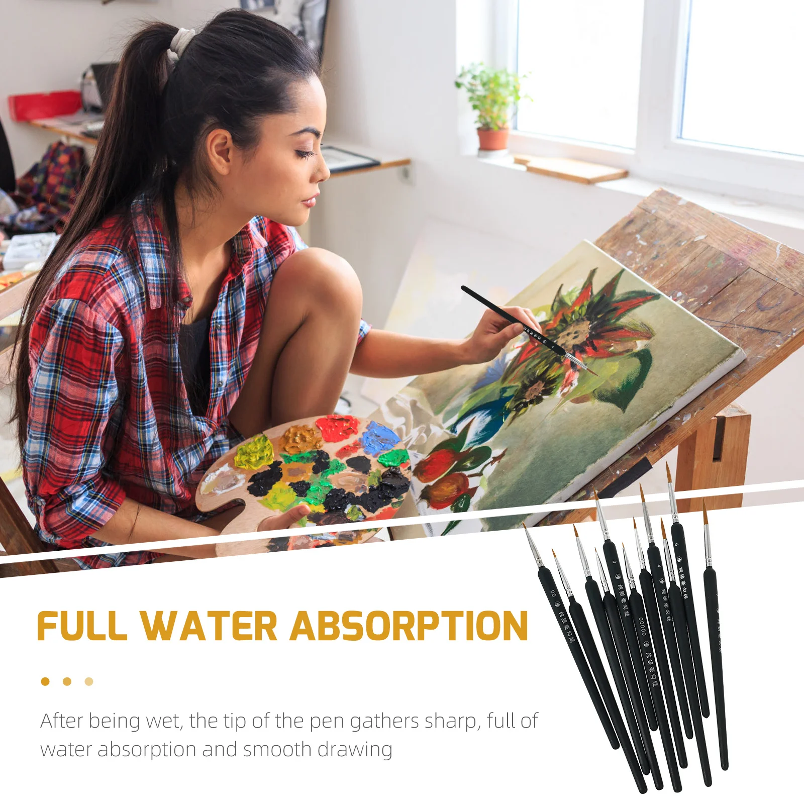 11本入り ウルフヘアライナーブラシ プレミアムディテールペイントブラシ アクリル水彩油絵用 細部描画ペン アート