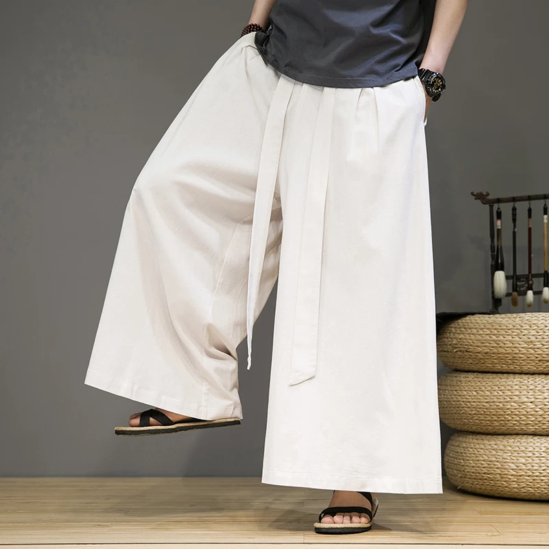 Men Wide Leg Pants Mens Cotton Joggers Retro Loose Trousers Man Chinese Style Linen Pants Male Big Crotch Nepal Robe Pants