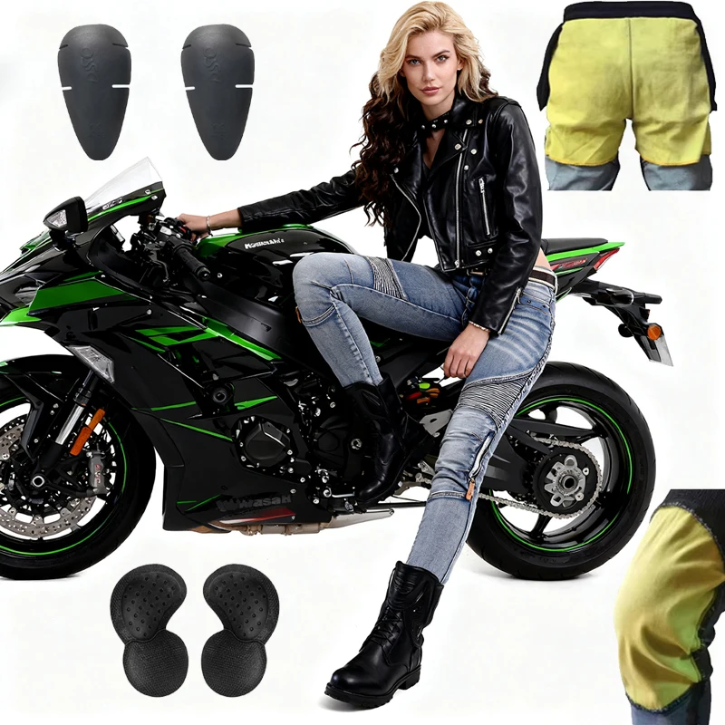 

Womens Kevlar Motorcycle Jeans Aramid Reinforced Trousers Motocross Riding Safety Pants Gear