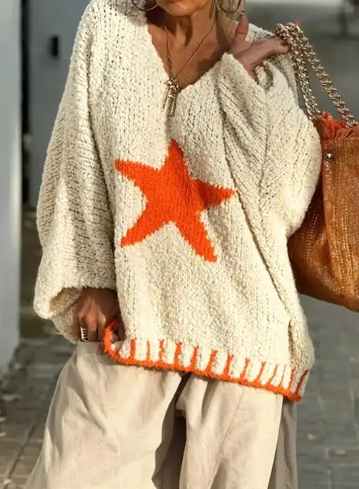 

Women's Autumn Sweaters 2025 Casual Loose Star Pattern Women's Sweater Casual Loose Loop Yarn V-Neck Knitted Sweater Pullover