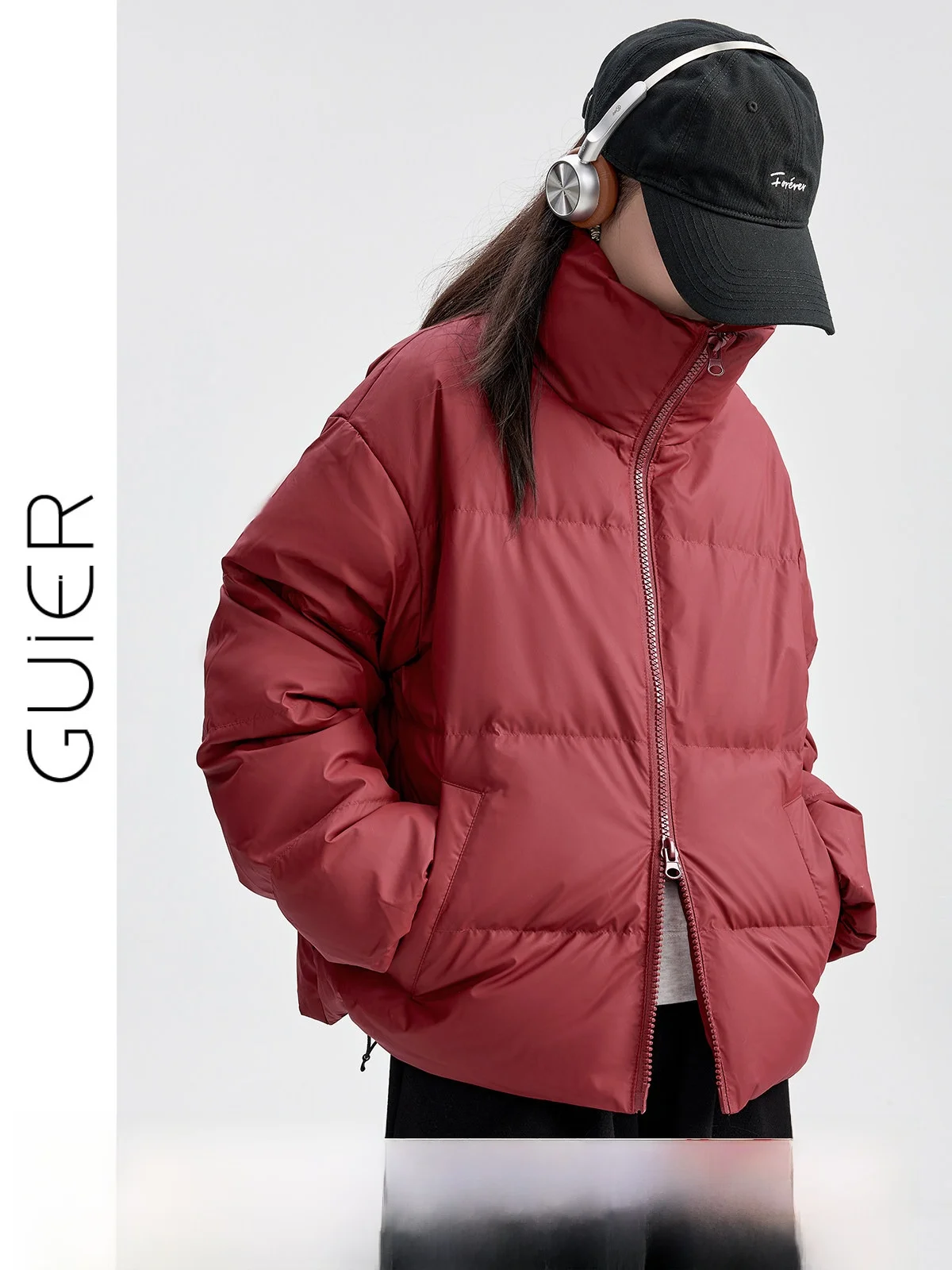 

Red Stand Collar Double Zipper Women's down Jaet White Du Feather Casual Sle Thiened Long Sve Regular Length