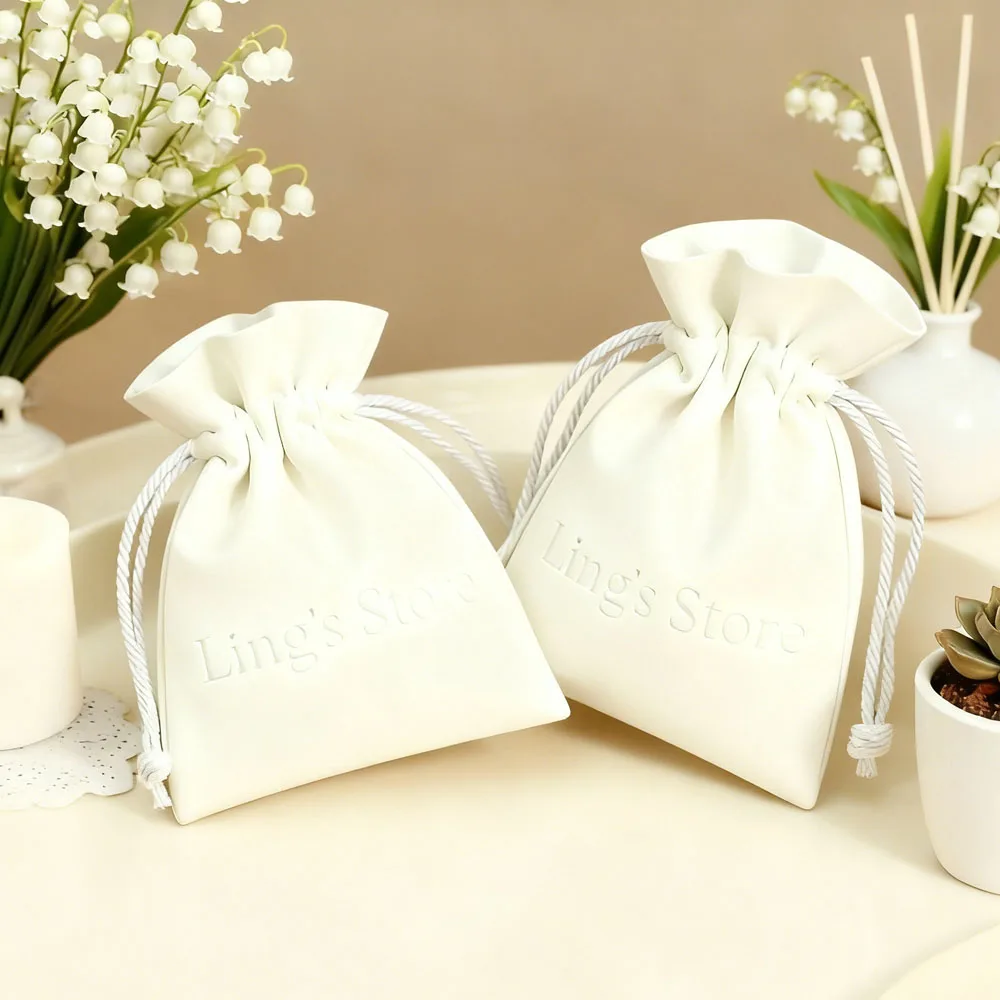 

100pcs Custom White Microfiber Drawstring Gift Bag Jewelry Packaging Personalized Small Ring Earrings Watch Storage Case Pouch