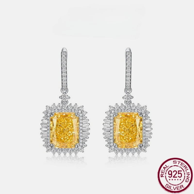 

New S925 Pure Silver Ice Flower Cut High Carbon Diamond Earrings, Square Sugar Color Treasure Fashion Earrings, Wedding Jewelry