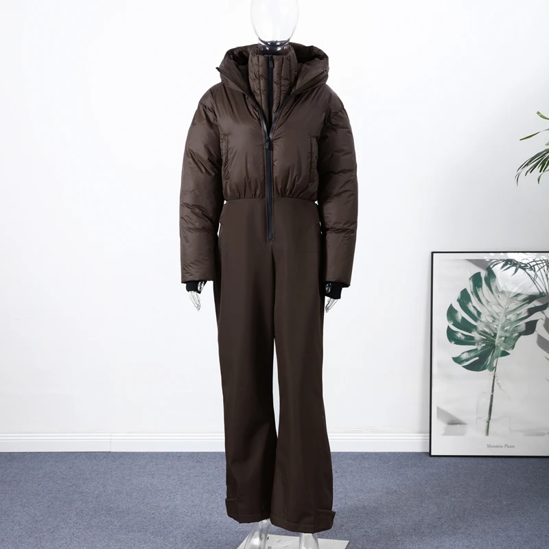 Winter 2-Teiliger Skianzug mit Kapuze, Kurze Schneejacke, Ausgestellte Skihose mit Gürtel, Wasserdicht, Dick, 2026 Snowboarding Outdoor Damen-Outfit – Detail 1