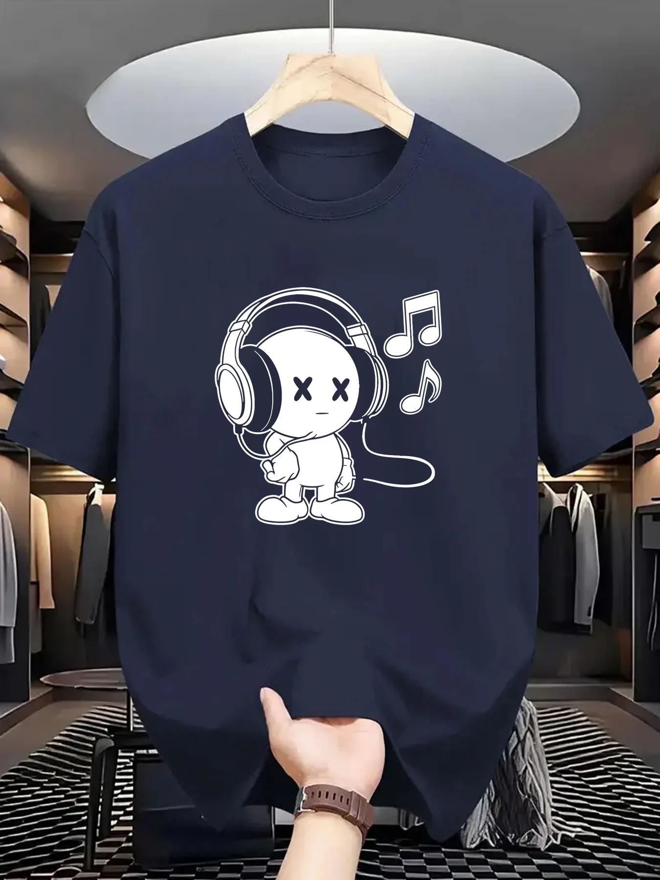 Summer men's 100% cotton casual loose fit plus size music themed printed comfortable sports round neck short sleeved T-shirt top image 2