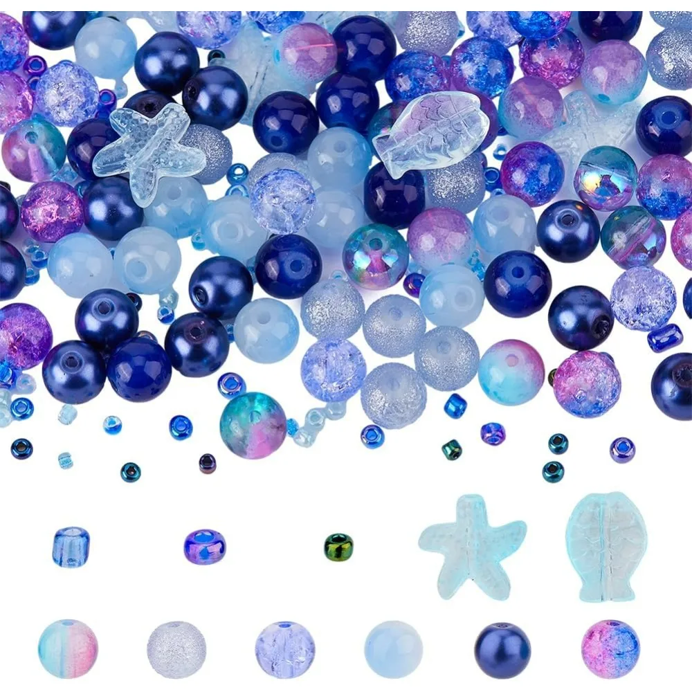 750-1050pcs Glass Beads Kit Deep Blue Beads Ocean Theme Beads Assorted Glass Bead 0.8-1.5mm Tiny Loose Bead Collection Loose