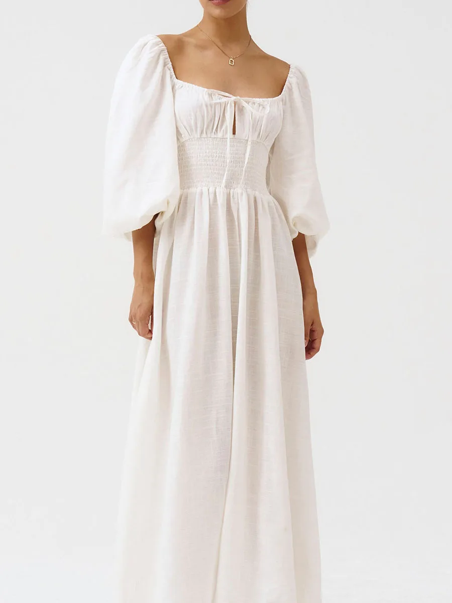 Nuovo abito lungo autunnale da donna elegante cravatta con motivo floreale smocked manica lunga a lanterna abito casual a linea vendita calda SML