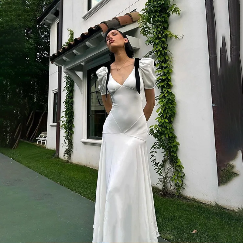 Elegant White Bow Maxi Dress Bubble  Puff  V Neck Short Sleeves Pleated Casual Chic 2024 New Office Lady Party Vestidos