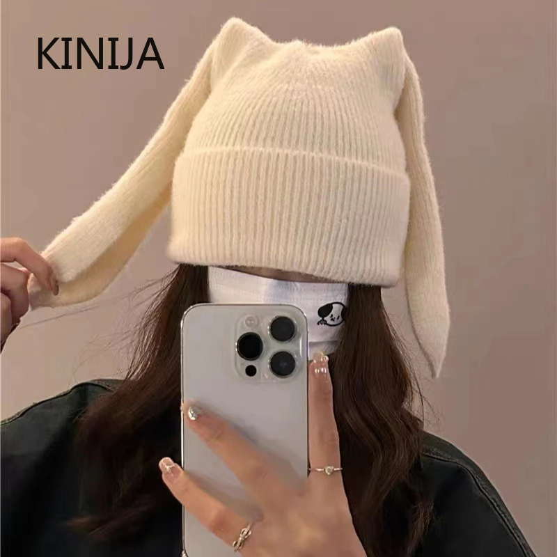 Hot Winter Bunny Hats for Women Long Ear Beanie Hat Crochet Knitted Hat Rabbit Ears Hats for Women Warm Hats Pullover Cap