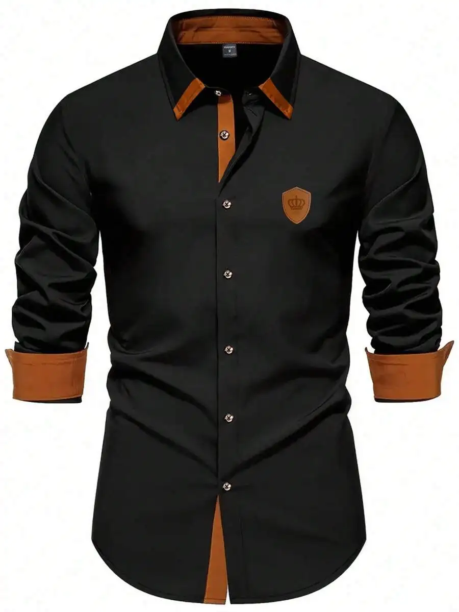

Men's Black Long Sleeve Button-Up Shirt with Brown Contrast Trim and Shield Patch