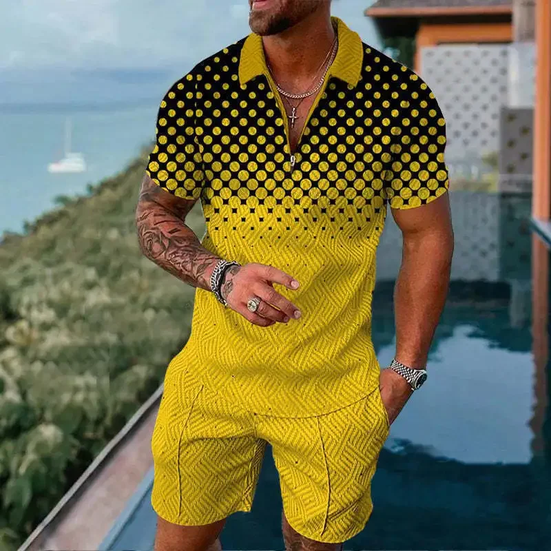 Men's Summer Tracksuit Sports Suit Men Set 3D Printed Casual Short Sleeve T Shirt Lapel Zip Polo Shirt Male Hawaii Shorts Suit