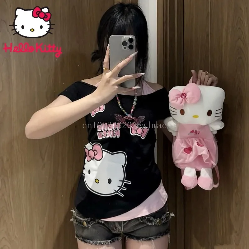 

Hello Kitty Fake Two Piece Halter Lace Up T-shirts Japanese Y2k Sweet Sexy Off Shoulder Short Sleeve Tee Shirt Summer Women Tops