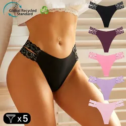 5pcs Sexy Contrast Lace Thongs Hollow Out Seamless Stretchy Intimates Panties G Strings Bikini Lingerie Women Underware Ladies