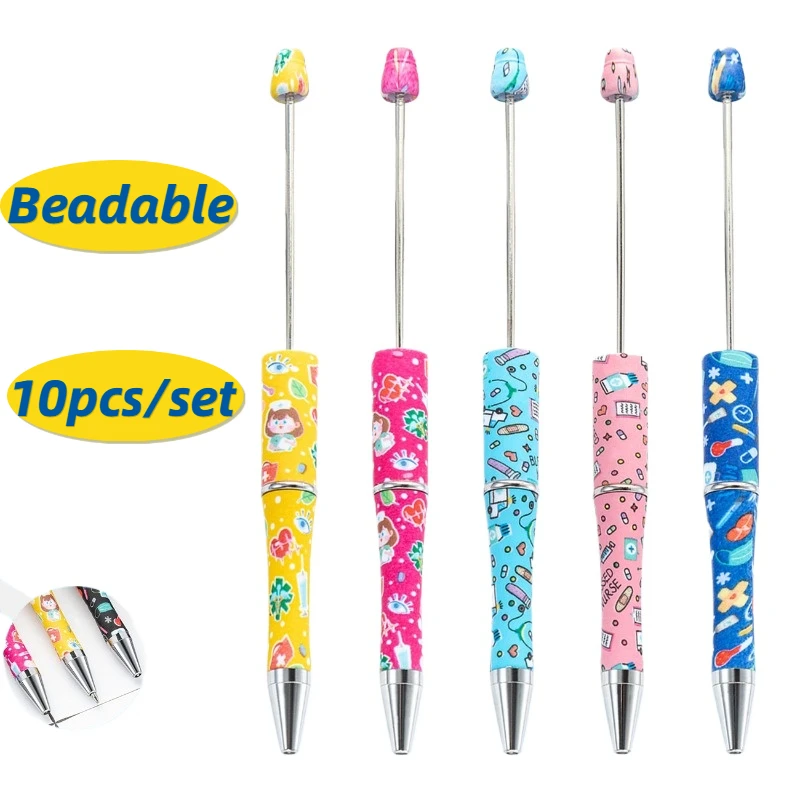 10pcs DIY Nurse\'s Day Series Beaded Pen Printed Color Beadable Ballpoint Pen Wholesale Plastic Beads Pen Office Accessories