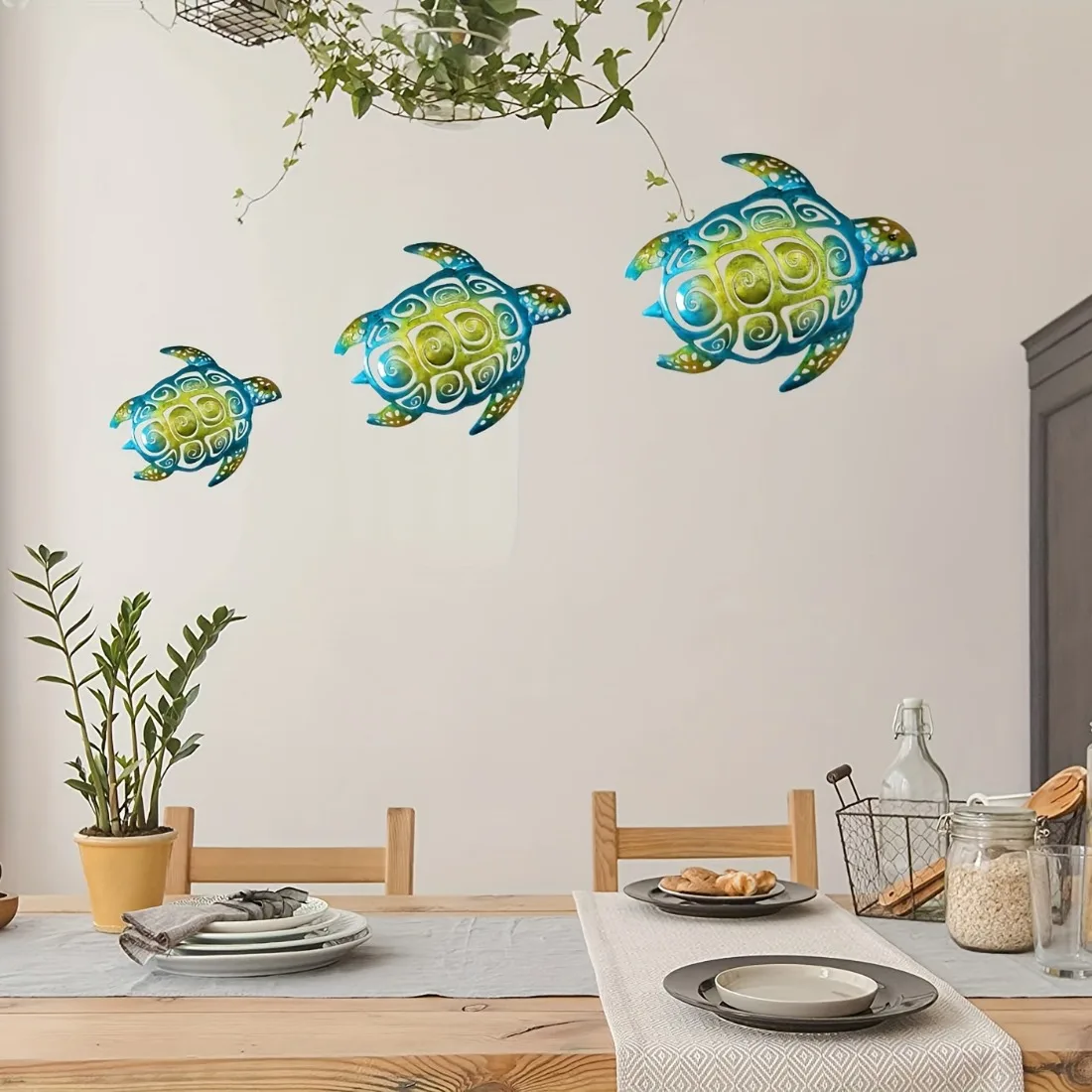 CIFBUY 3Pcs Set Iron Sea Turtle Beach Themed Wall Hanging Sculpture,2D Flat Print Rustic Coastal Wall Art for Bathroom view 4