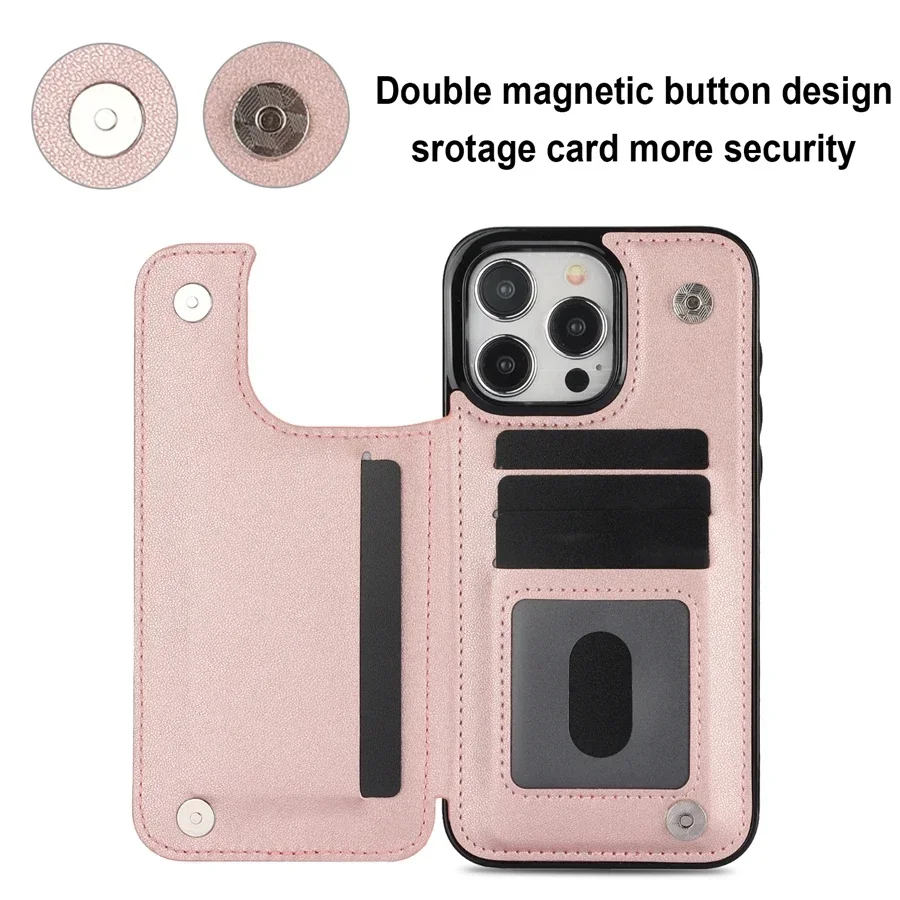 Card Slot Flip Leather Case For iPhone 16 15 Pro Max 14 13 12 11 X XS XR 8 7 Plus Wallet Double Button Small Fragrant Wind