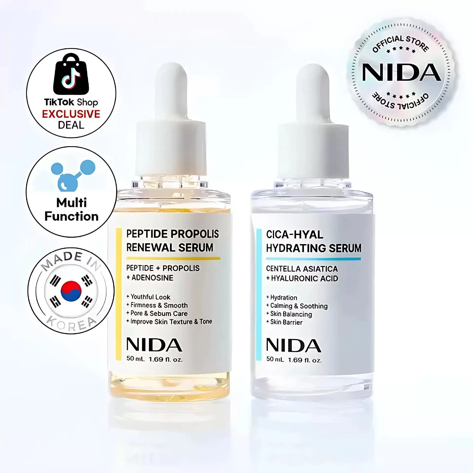 Suero Renovador con Péptidos NIDA y Propóleo 50ml, Hidratante, Reafirmante, con Centella Asiática, Repara, Suaviza la Barrera Cutánea, Reduce los Poros, Cuidado de la Piel