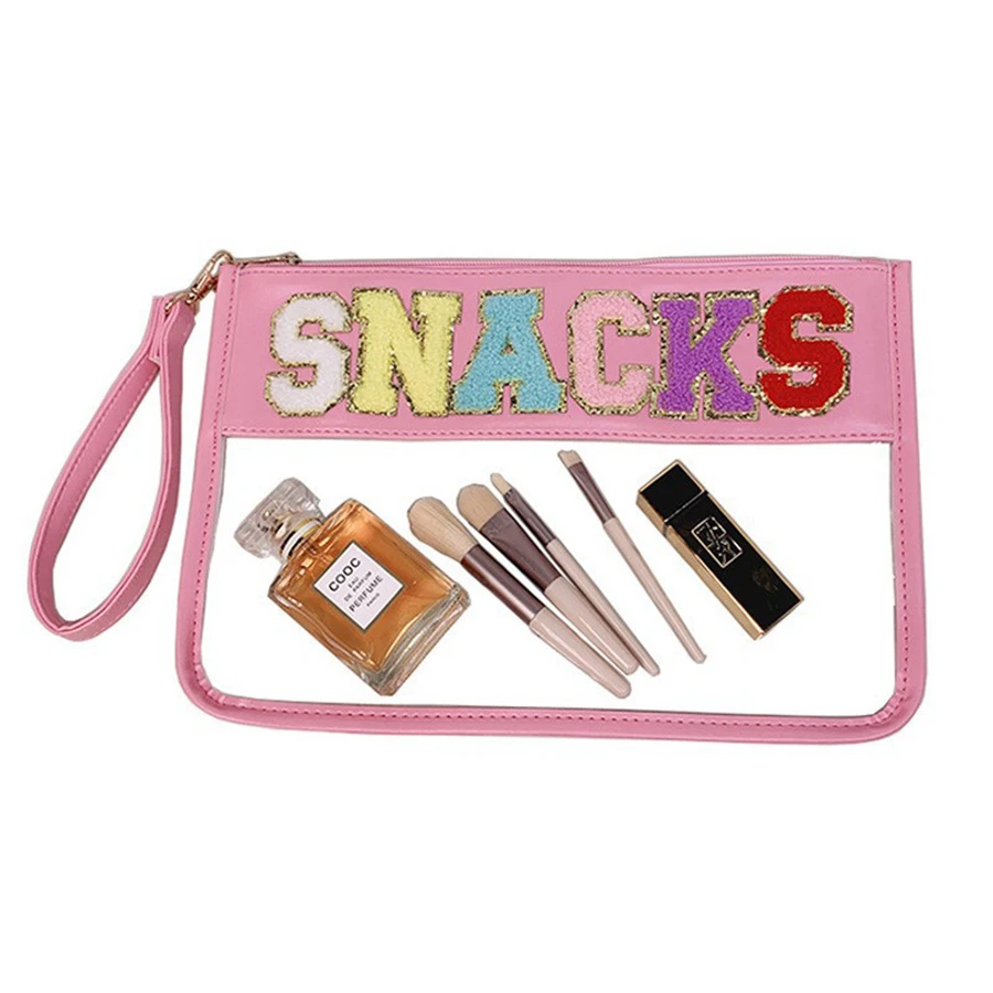 Transparent pvc zipper bag embroider letter satchel cosmetic bag satchel PU waterproof toiletry bag