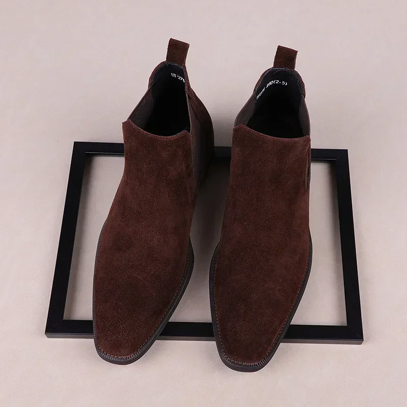 Wine Red / Black  Mens Ankle Boots Suede Leather Boots Male Derby Boots