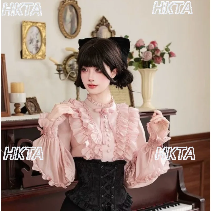 Japanese New Elegant Lantern Long Sleeved White Shirt Lolita Top 2026 Autumn Sweet Cute Bow Pleated Waist Chiffon Blouses Women