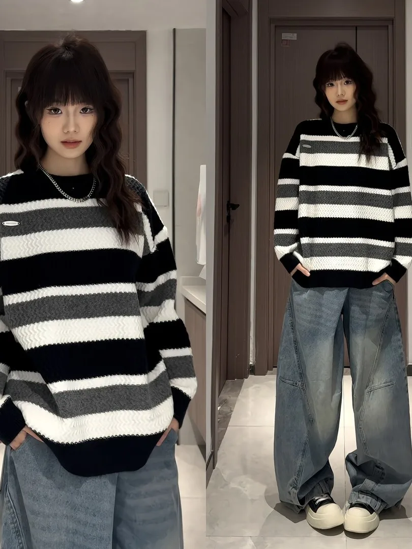 

Мужской вязаный свитер в полоску с круглым вырезом, базовый слой, с волнообразным узором, свободный крой, мягкий, удобный, весна-осень, модный