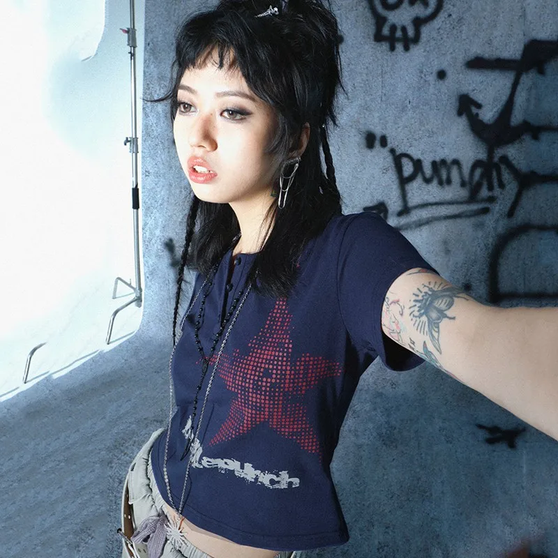 Karrcat Punk Gothic Crop Tops Grunge Y2k Aesthetics Short Sleeve T-shirt Japanese Harajuku E-girl Tops 00s Mall Goth Streetwear