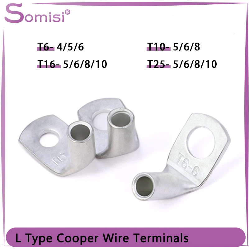 

Wire Terminal L-type Right Angle 90 Degree Bend Nose T6/10/16/25-4/6/8/10 Tinned Copper Crimp Connector Cable Lugs