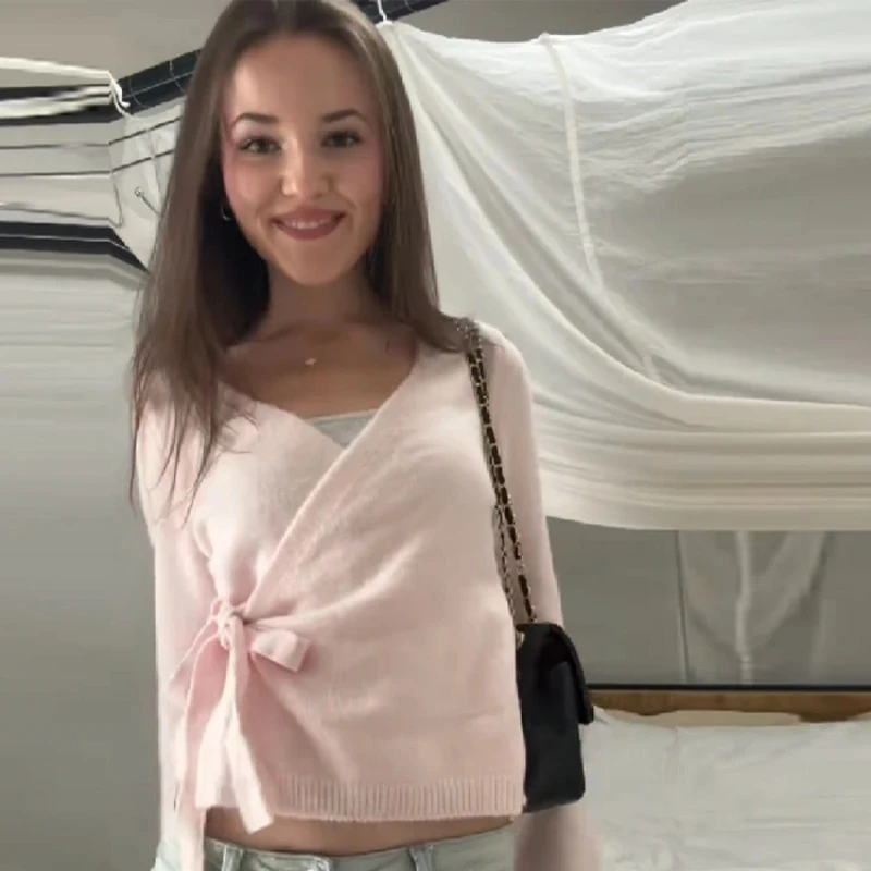 

Милые свитера с v-образным вырезом и длинными рукавами, шикарный элегантный трикотаж, укороченные топы, розовый милый вязаный мягкий свитер на шнуровке, женский кардиган, новинка