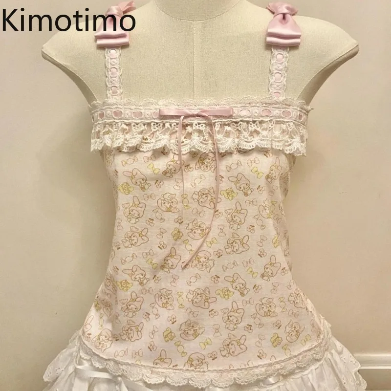 Kimotimo النقي الحلو طباعة الدانتيل الربط القوس بروتيل سترة المرأة الصيف ملابس خارجية سليم صالح أكمام المحاصيل الأعلى اليابانية Y2k الدبابات #1