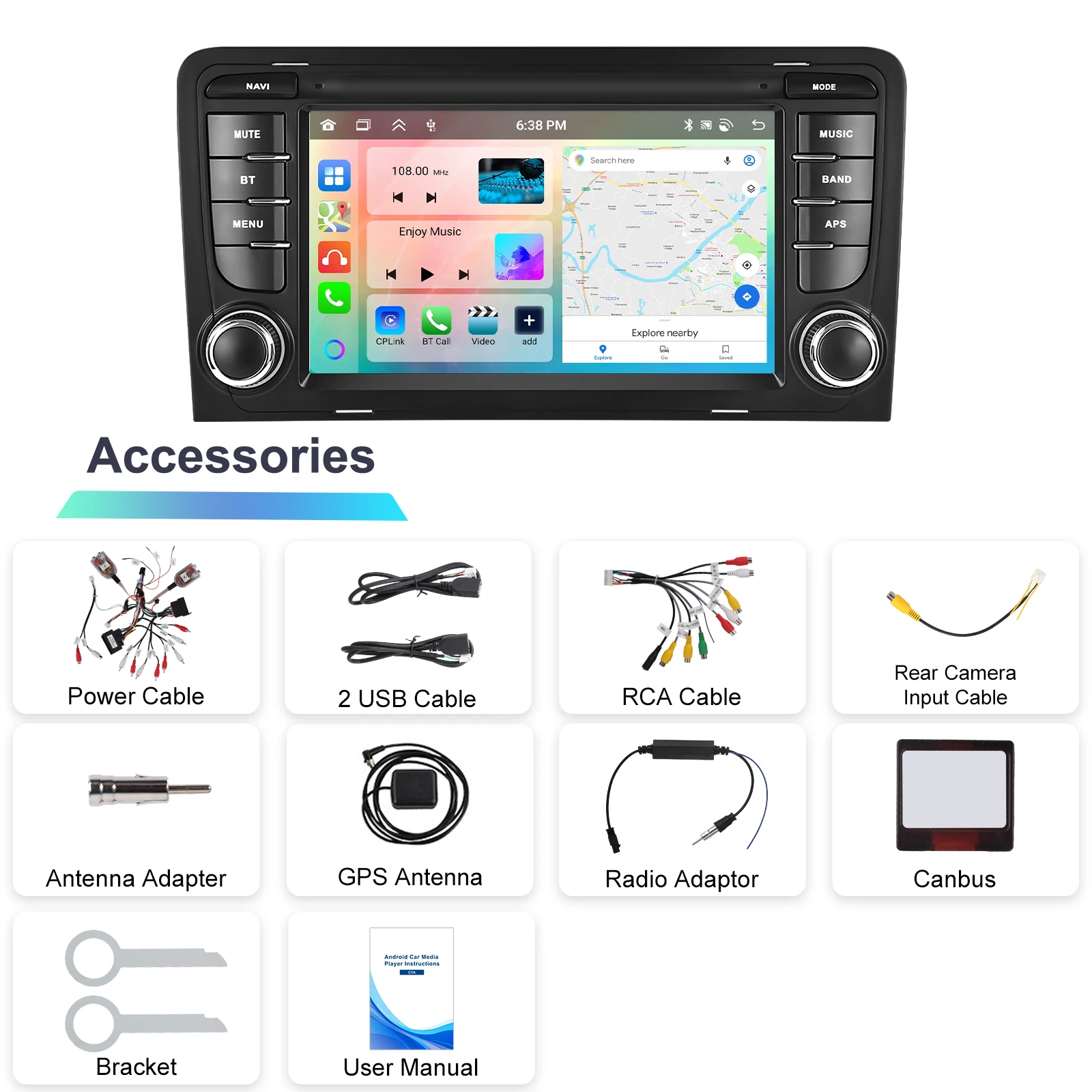 Podofo 7 Zoll 2 Din Autoradio Multimedia-Player für Audi A3 8P/A3 8P1 3-Türer Schrägheck/S3 8P/RS3 Sportback 6+128G HD Kapazitiver Touchscreen Kabelloses Carplay Android Auto Mirror Link Auto-Audiosystem WIFI GPS BT FM/RDS Autoradio Stereo – Detail 21