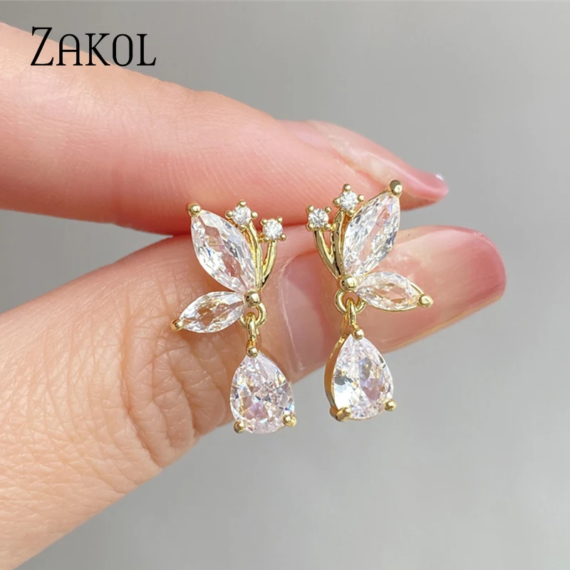 ZAKOL Sweet Korean Butterfly Dangle Earrings with Water Drop Cubic Zirconia For Women Fashion Party Jewelry EP2476