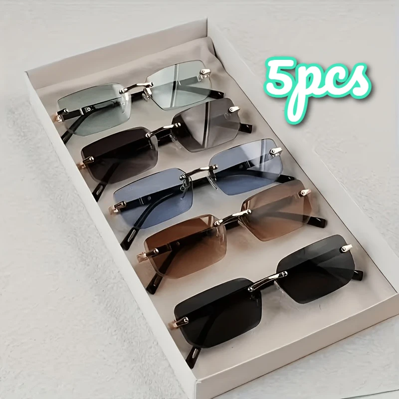 1/5pcs Unisex Rimless Cut Edge Fashion Glasses, Black Small Frame, Versatile Daily Summer Glasses