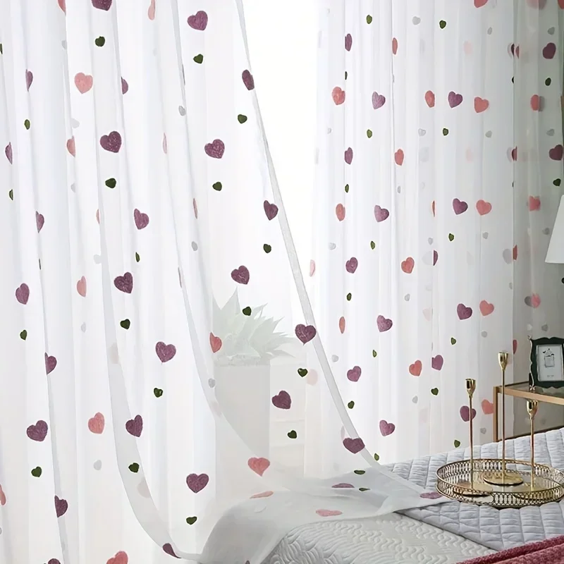 Cute Cartoon Love Heart Embroidered Tulle Curtain For Living Room Bedroom Study Room Sweet Pink Princess Room Home Decoration