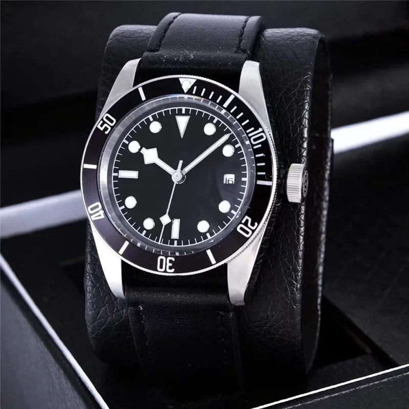 

Luxury New Men Automatic Mechanical Watch Stainless Steel Black Blue Ceramic Sapphire Glass Leather Wristwatch 42mm