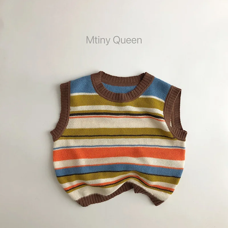 

2024 Spring Summer New Children Knitted Vest Baby Girls Colored Striped Coat Toddler Boy Versatile Knitwear Kids Casual Clothes