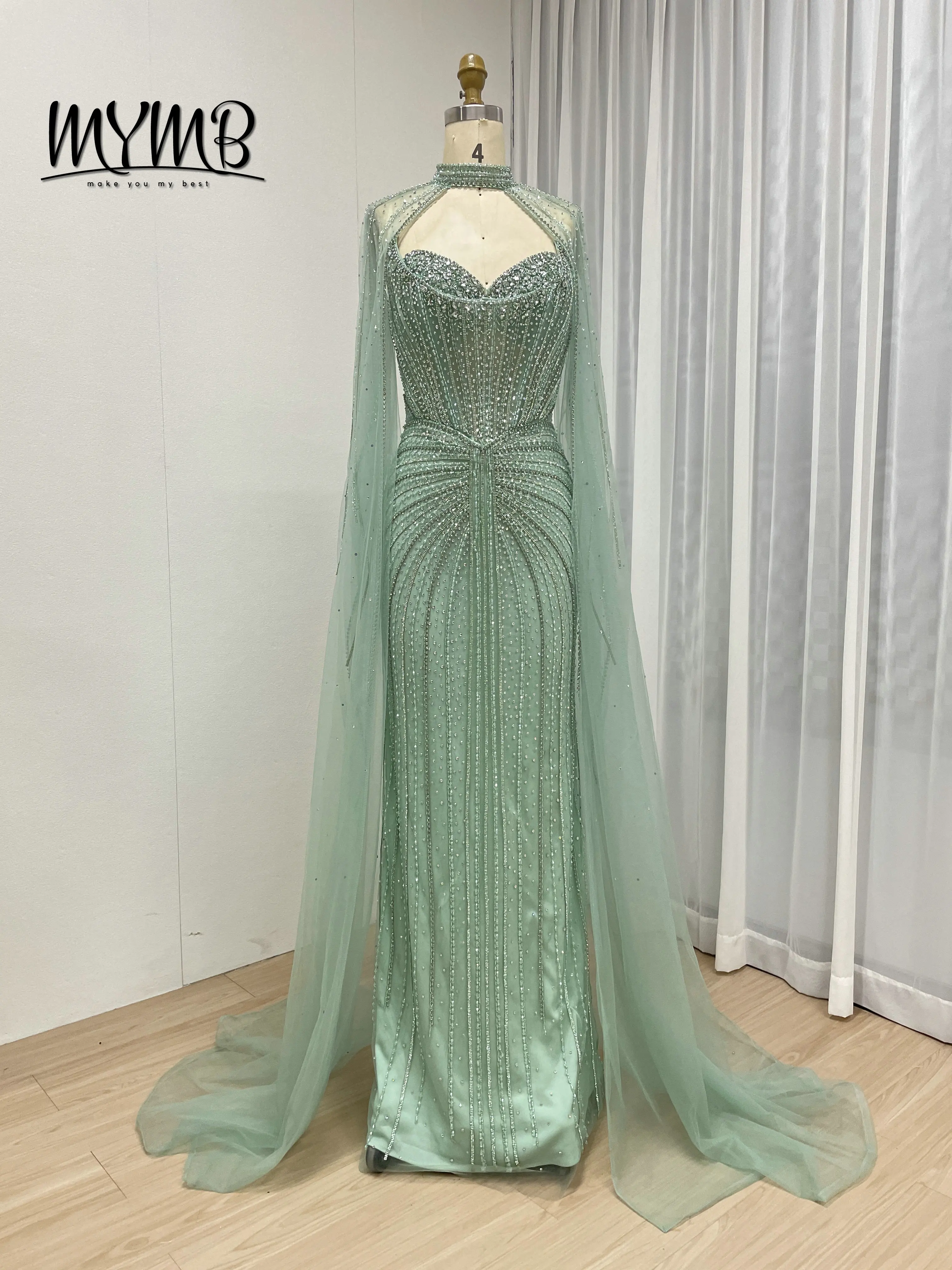 MYMB رائجة البيع نمط جديد مزين بكريستال مطرز رائع أنيق كيب الأكمام ثوب مسائي للمناسبات الرسمية MB40365C #3