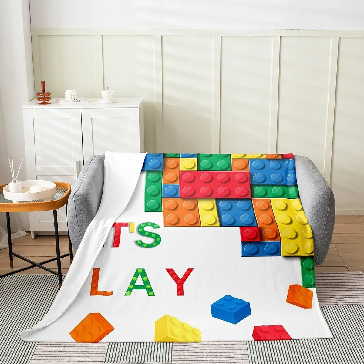 Building Block Print Plush Throw Blanket Kids Brick Styles Blanket for Sofa Couch Colorful All Season,Bed Gaming