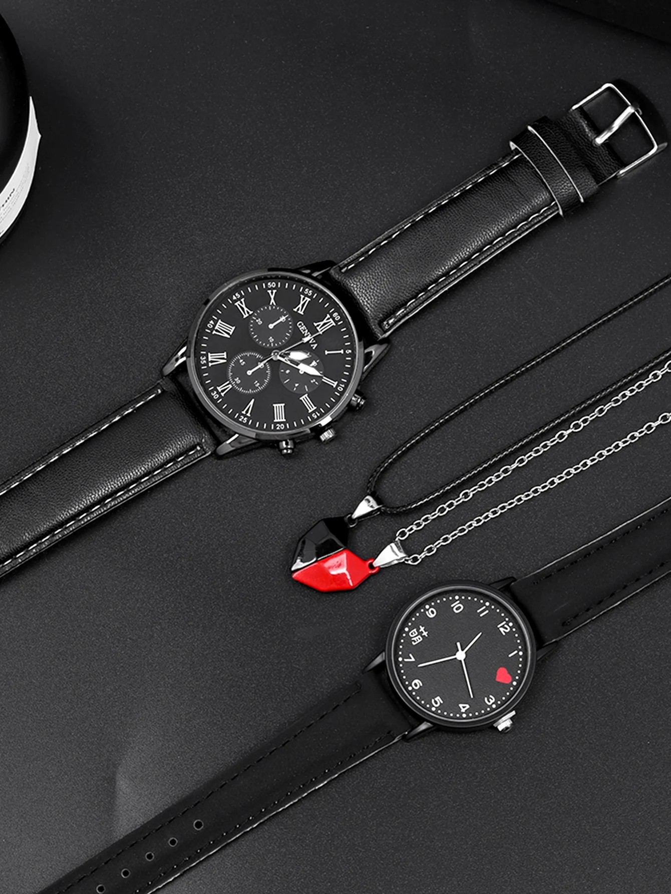 4pcs Simple Business Casual Leather Strap Quartz Watch with Love Magnetic Necklace Couple Watch Set