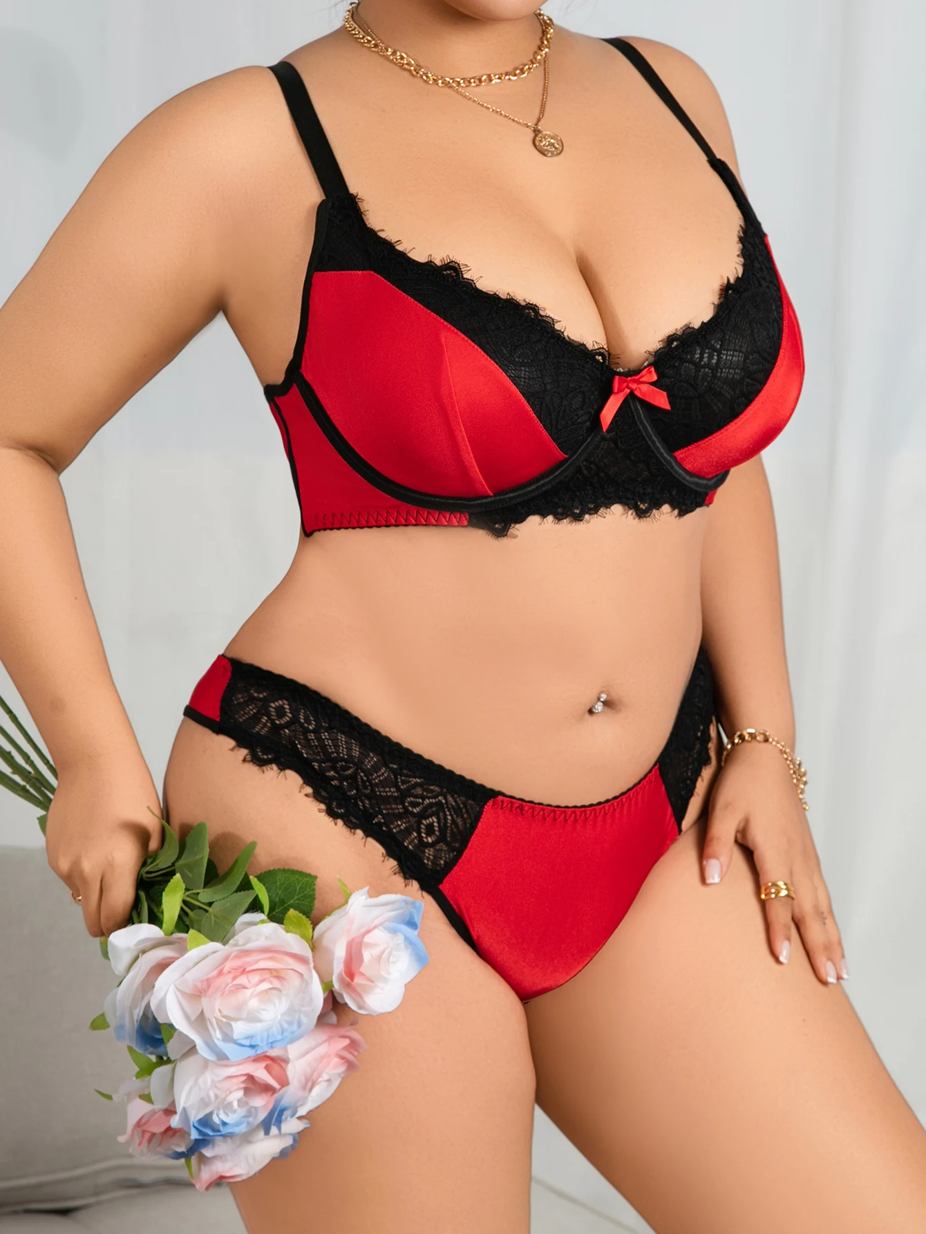Plus Size French Style Lingerie Set, Red & Black Color Block Lace Spliced Push-up Bra for Full Bust Support