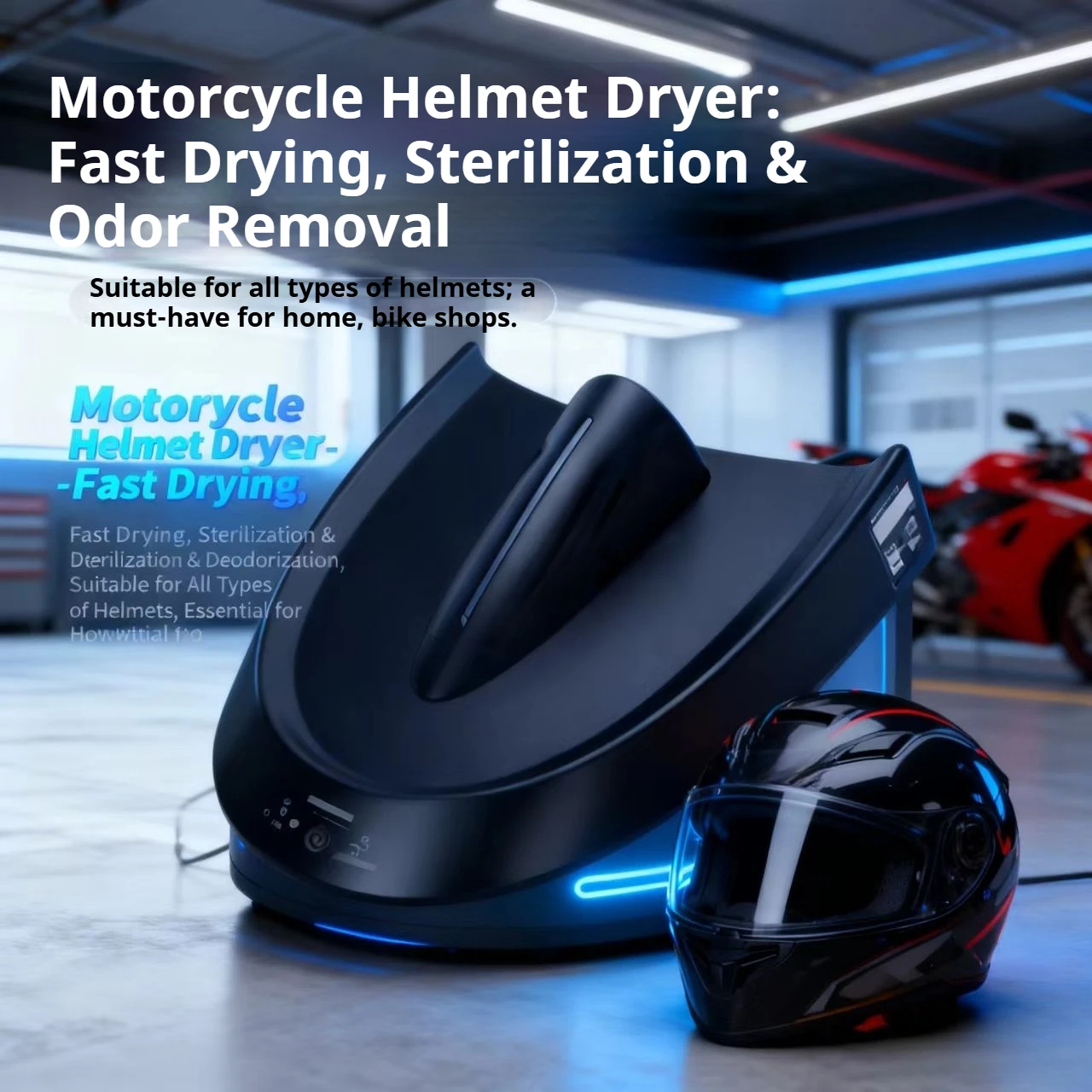 

Intelligent motorcycle helmet dryer, temperature control functions and featuring dust removal and equipped with ambient lighting