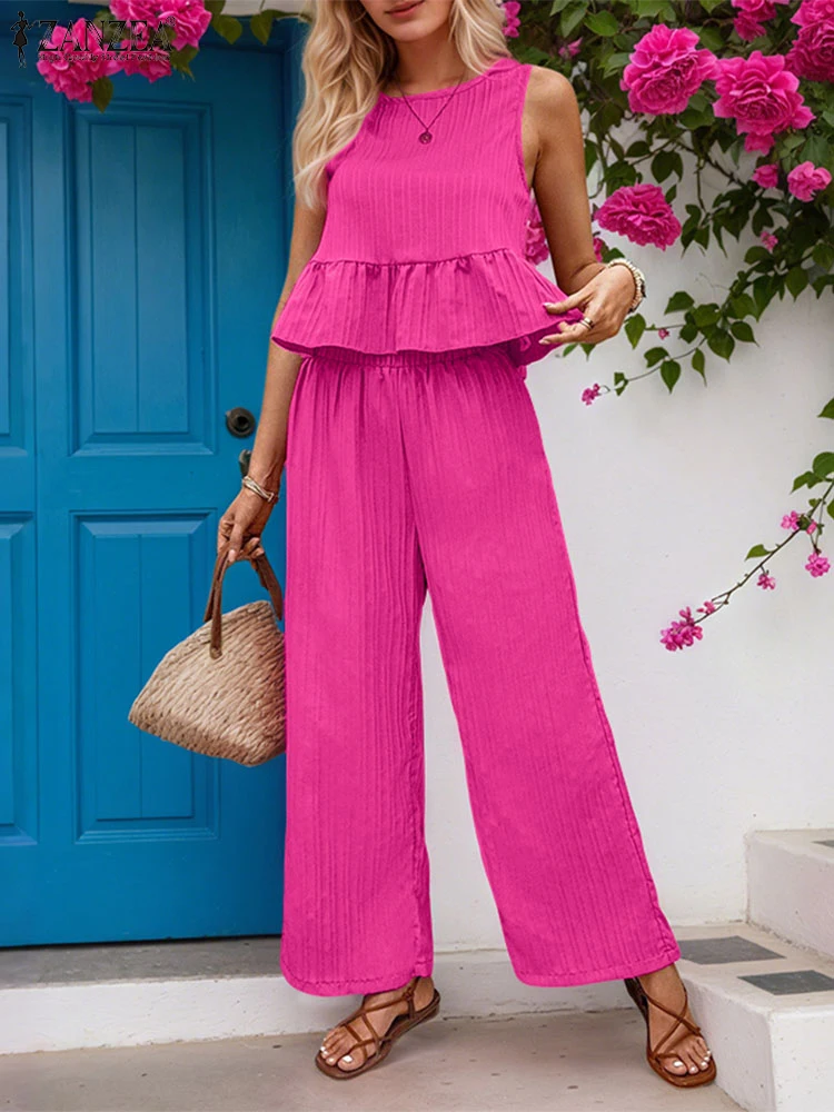 

Vintage Suits ZANZEA 2025 Women Long Pants Sets Sleeveless Ruffled Hem Short Tank Elastic Waist Pockets Trousers Wide Leg Pants