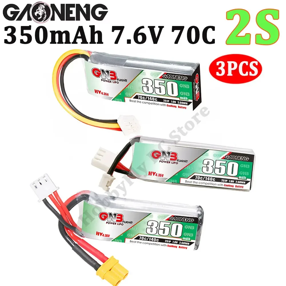 3PCS GAONENG GNB 350mAh 2S 7.6V 70C/140C HV Lipo Battery W/PH2.0/XT30/PH2.0 3PIN Plug Connector For Emax Tinyhawk FPV Drone