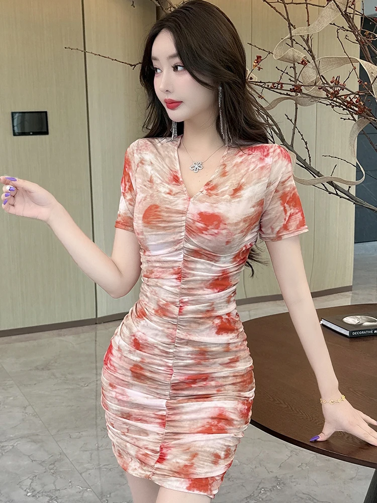 ผู้หญิงสีฟ้าพิมพ์ตาข่ายแขนสั้นVคอชุดฤดูร้อนBodycon Hip Wrapชุดเซ็กซี่ 2025 เกาหลีElegant Casual Mini Dress